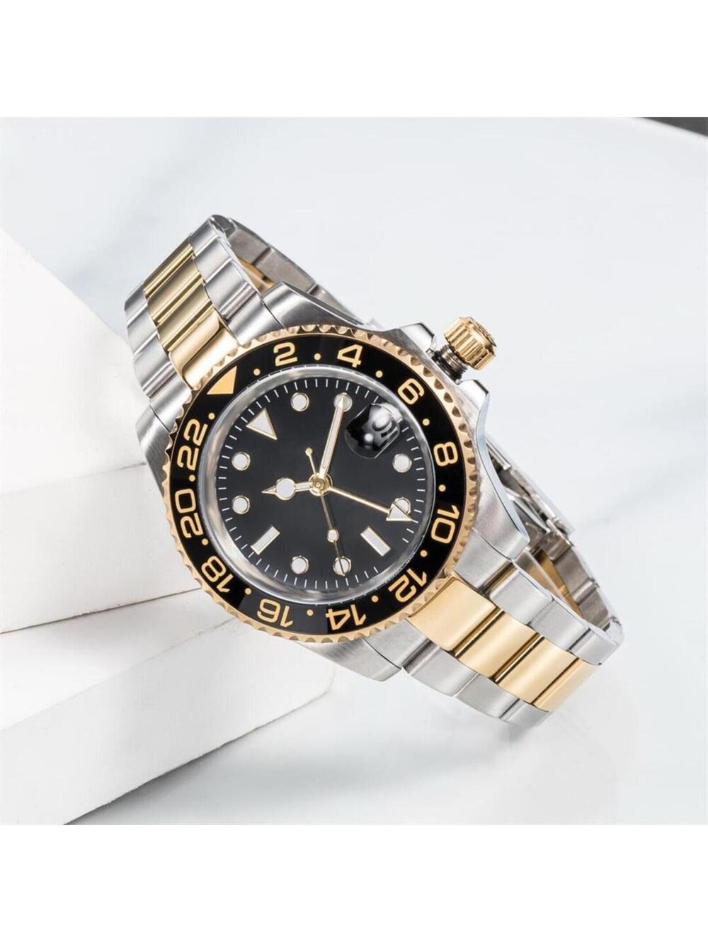 Mechanical Watch with Stainless Steel Gold-Silver Band and Black stock 323
